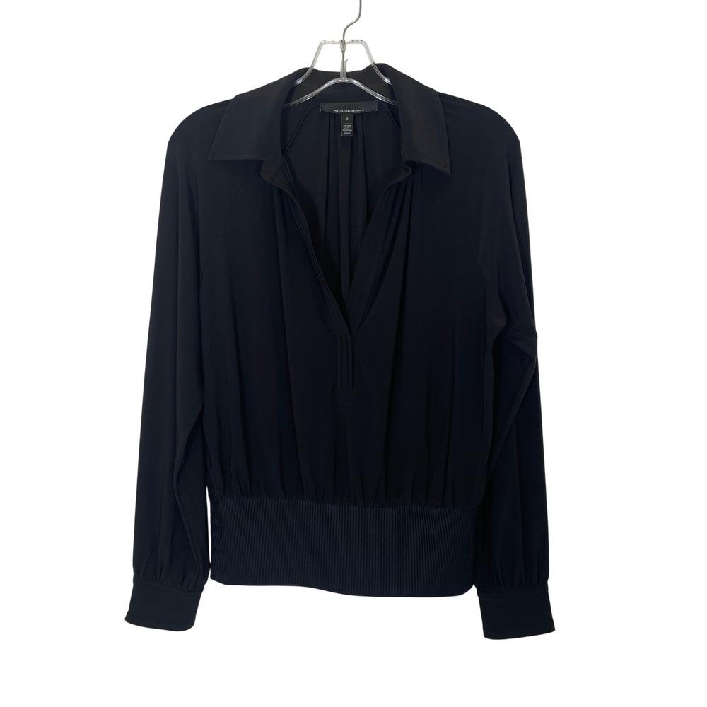 White House Black Market Blouse V-Neck Ribbed Hem Blouson Long Sleeve Neutral S